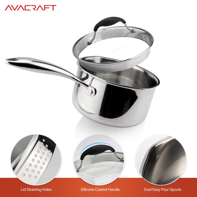 AVACRAFT Tri-Ply Stainless Steel Saucepan with Glass Strainer Lid, Two Side Spouts, Ergonomic Handle, Multipurpose Sauce Pan with Lid, Sauce Pot, Cooking Pot (Tri-Ply Full Body, 2.5 Quart) - Image 4
